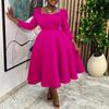 D3354 Autumn/Winter Women's Square Neck High Waist Evening Gown - Solid Color African Dress