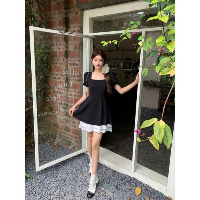 

Summer new fashion Matsumoto mourning black swan contrasting color short-sleeved skirt small black dress thin A-word dress S