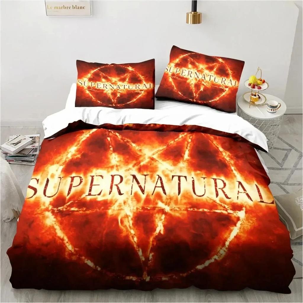 Luxuriöses 3D-gedrucktes Supernatural-Logo-Bettwäscheset, bestehend aus Bettbezug, Bettdecke, Kissenbezug und Queensize-Bettwäscheset für Jungen und Erwachsene