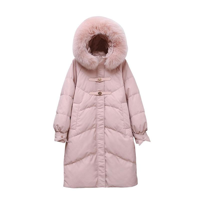 High-end White Duck Down Long Down Jacket Women's Winter New Fashion Buckle Thickened Large Fur Collar Knee Warm Jacket