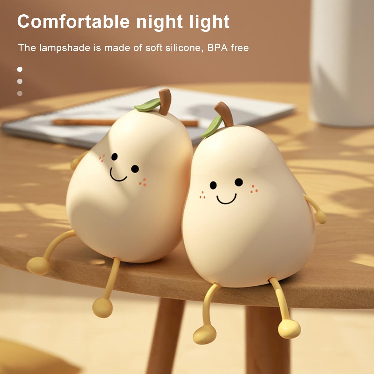 

Bedroom Bedside Decoration with 7-Color and Timer USB Rechargeable Touch LED Pear Fruit Night Light Dimming Silicone Table