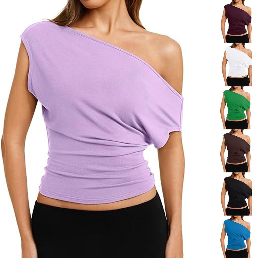 Dames Casual Mode Schuin Afvallende Schouder T-shirt, Slim-fit, Off-shoulder, Korte Mouwen Top