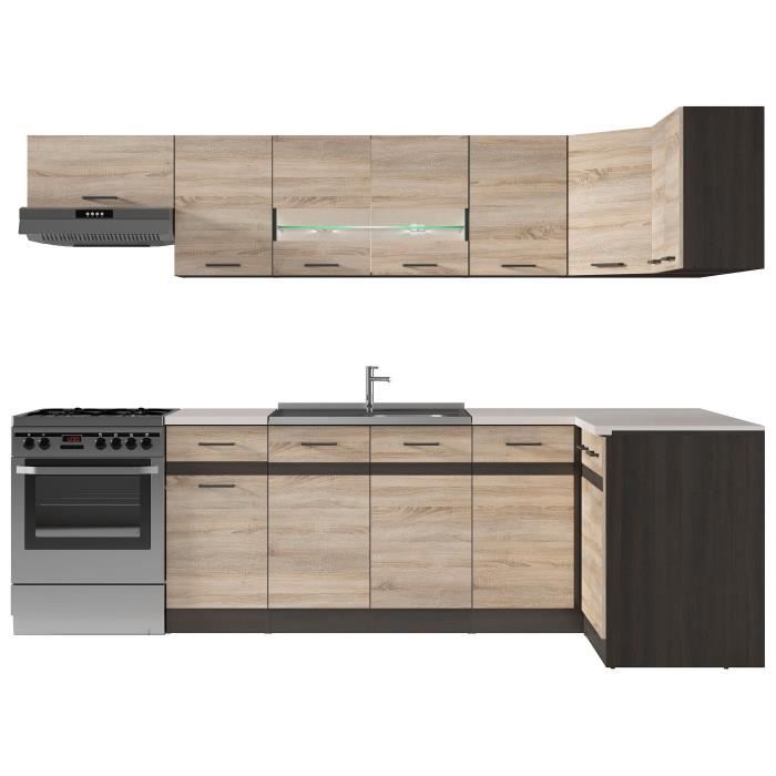 JUNONA Complete Corner Kitchen and Worktop L 3m40 - Reversible Corner - Sonoma Oak Decor - Worktop Included