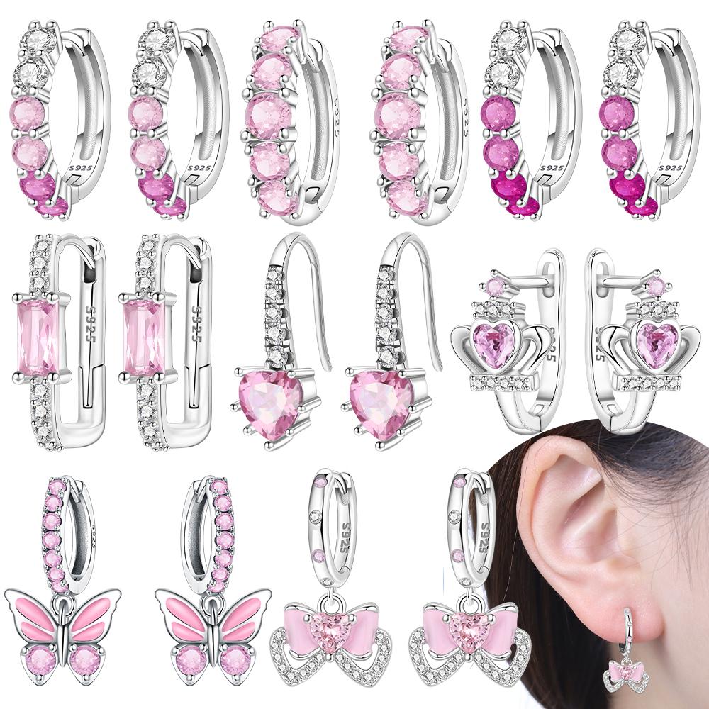 925 Zilver Roze Serie Oorbellen Vlinder Liefdesharten Zirkonia Fijne Oorbellen voor Vrouwen Sieraden Verjaardagscadeau