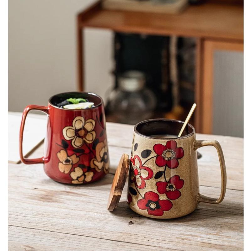 Velký keramický hrnek na kávu s uchem, ručně malovaný vintage květinový velký hrnek na kávu 700 ml, vysoký hrnek na čaj do kanceláře a domů, vhodný do mikrovlnné trouby a myčky nádobí