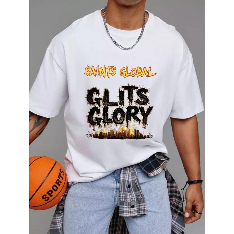 Cotton T Shirt White Saints Global Glits Glory Cityscape Print Urban Streetwear Casual Wear