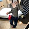 Early Autumn Chic Striped V-neck Long-sleeved Cardigan T-shirt for Women New Slim Fit Korean Style Single Top