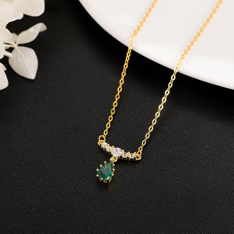 Fashion Necklaces 925 Sterling Silver Zircon Necklace Emerald Water Drop Green Zircon Pendant Gold Plated Necklaces for Women