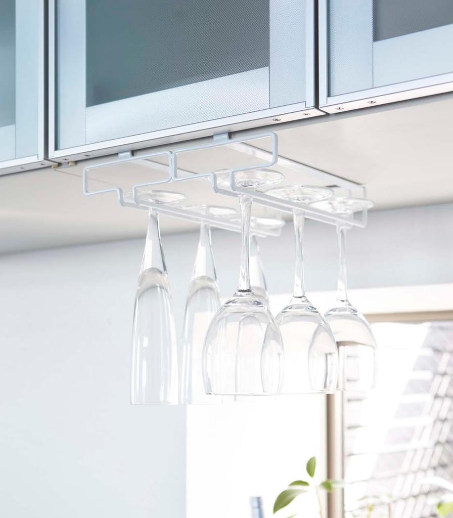 Yamazaki Double Wine Glass Hanger for Under W22 X D26 X Tower No Drilling or Screwing Kitchen Hanging 2464 (Yamazaki Industries) Cabinets, White,