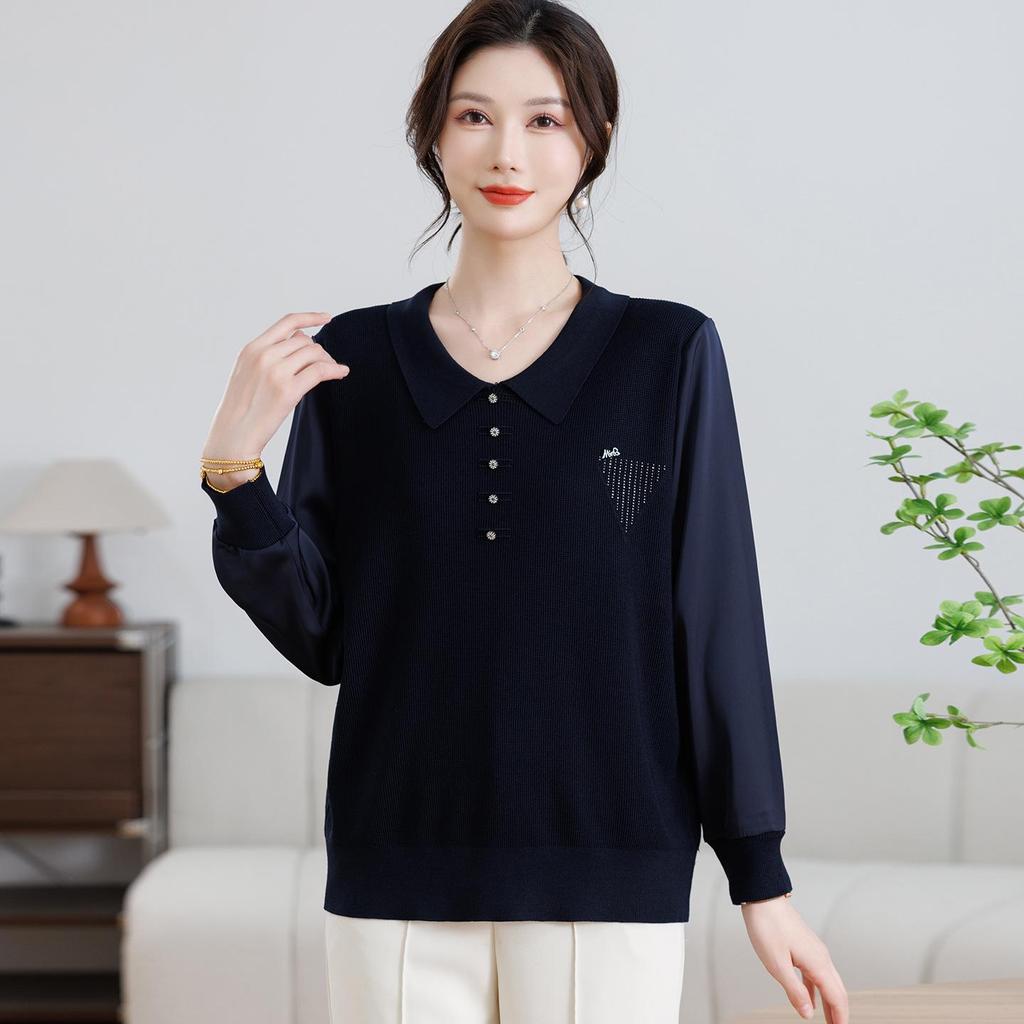 Mom's Gauze Sleeve Long-Sleeve Knit Top for Middle-aged Women - Lightweight Spring/Autumn Wear