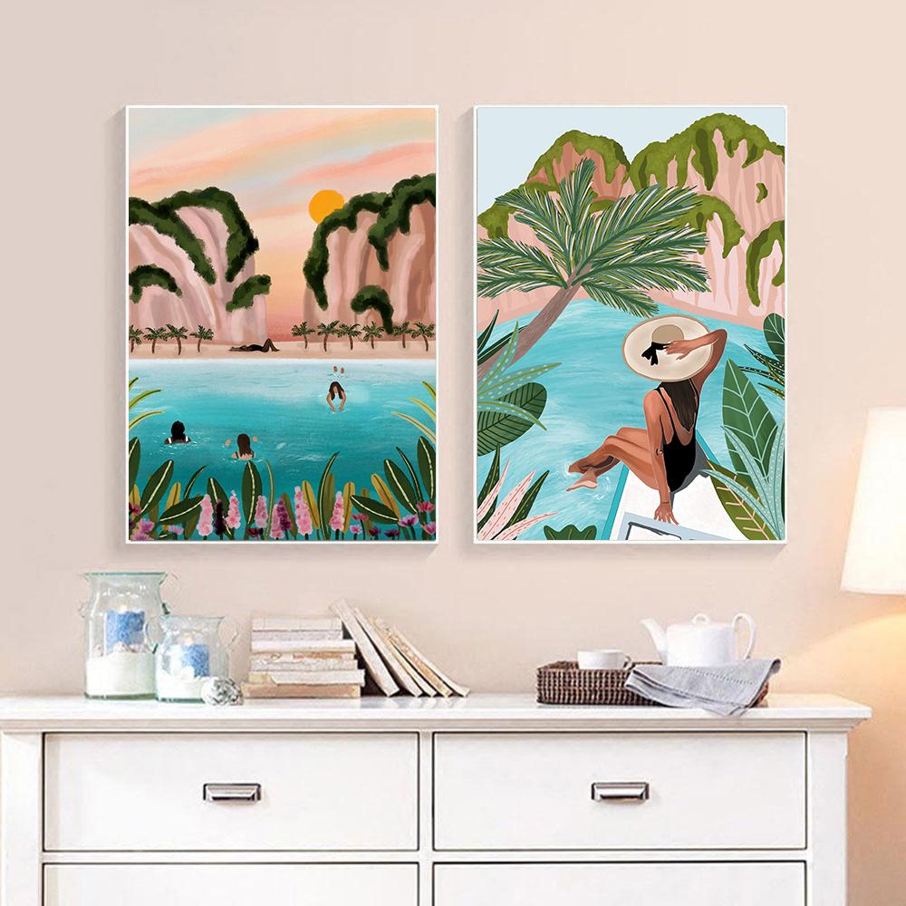 Morocco Travel Posters Botanical Canvas Painting Tropical Jungle Art Prints Beach Ocean Swim Wall Pictures For Living Room Decor