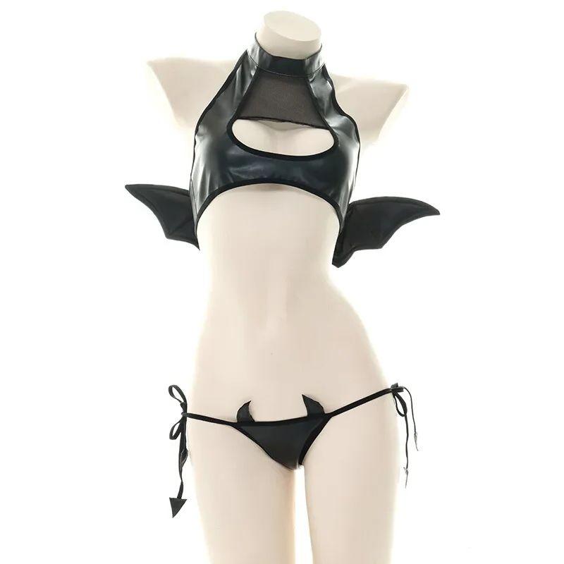 GUUOAT Sexy Patent Leather Women Lingerie Set Little Devil Wings Underwear SM Flirting Open Chest Underwear Porn Bra Costume