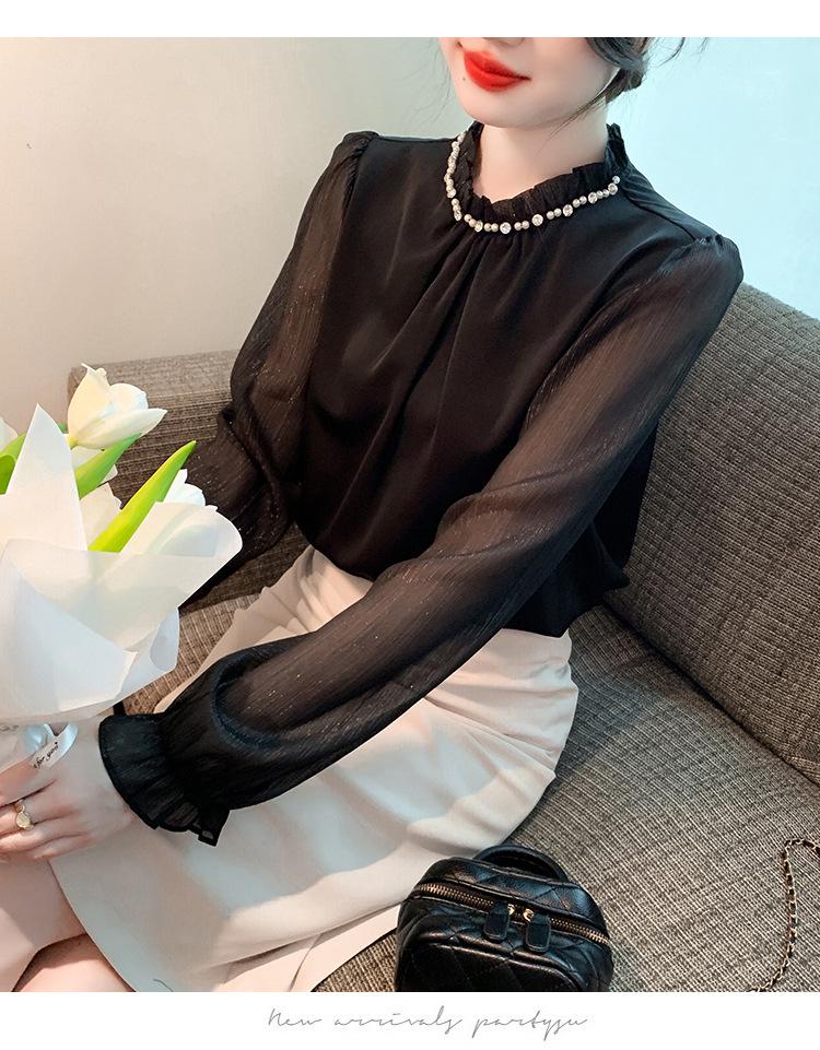 Fast 8628: Women's Fashionable Chiffon Long-Sleeve Shirt, Beaded for Spring 2025 - Professional and Versatile Commuter Top.