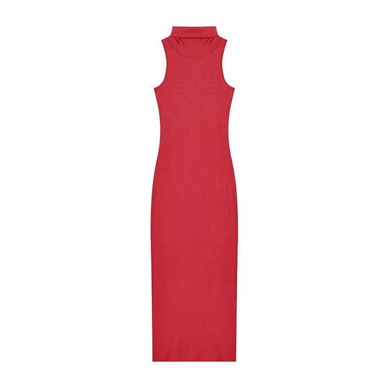 Red turtleneck sleeveless vest dress for women's spring and summer inner cover with base waist slim hip wrap dress