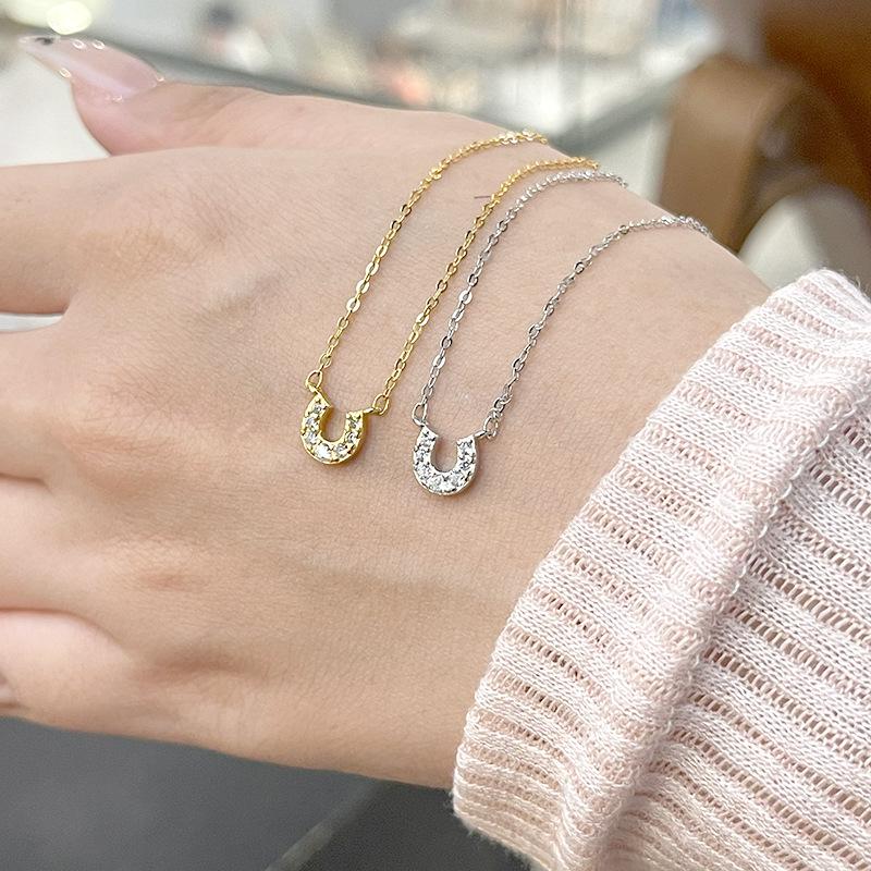 S925 Sterling Silver U-shaped Horseshoe Necklace, Light Luxury Simple 18K Gold Clavicle Chain, Delicate Full Diamond Design for Women