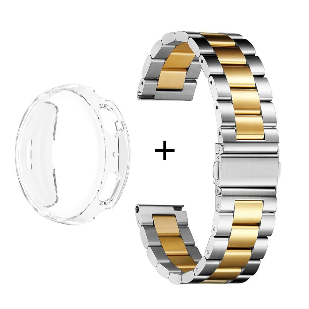 Stainless Steel Metal Watch Band & TPU Full Cover Case For Amazfit Active Max Three Bead Strap Protective Set