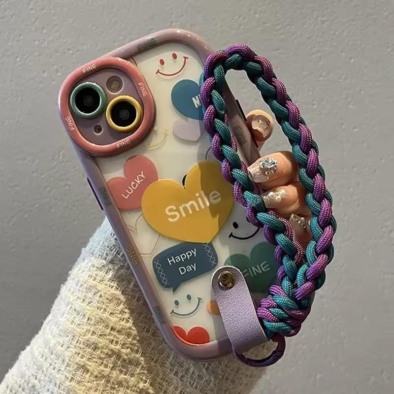 

Ремешок-шнурок на запястье Чехол для телефона Для iPhone 16 15 14 13 11 12 Pro Max Милый Счастливым Узором Сердце Любви Чернильное Размытие Покрытие iPhone 16 Pro Max