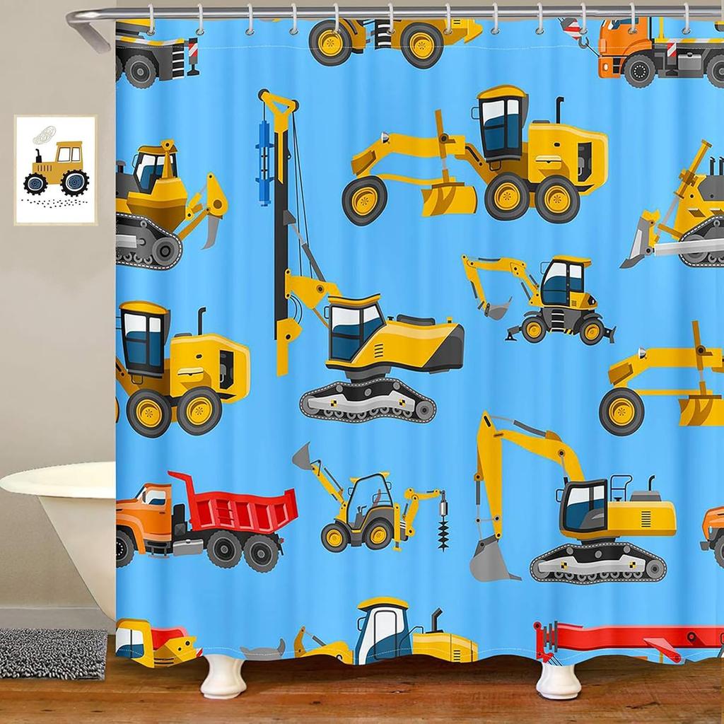 Kids Construction Truck Shower Curtain with Excavator Tractor Cars Pattern, Waterproof Polyester Fabric for Boys Bathroom Decor