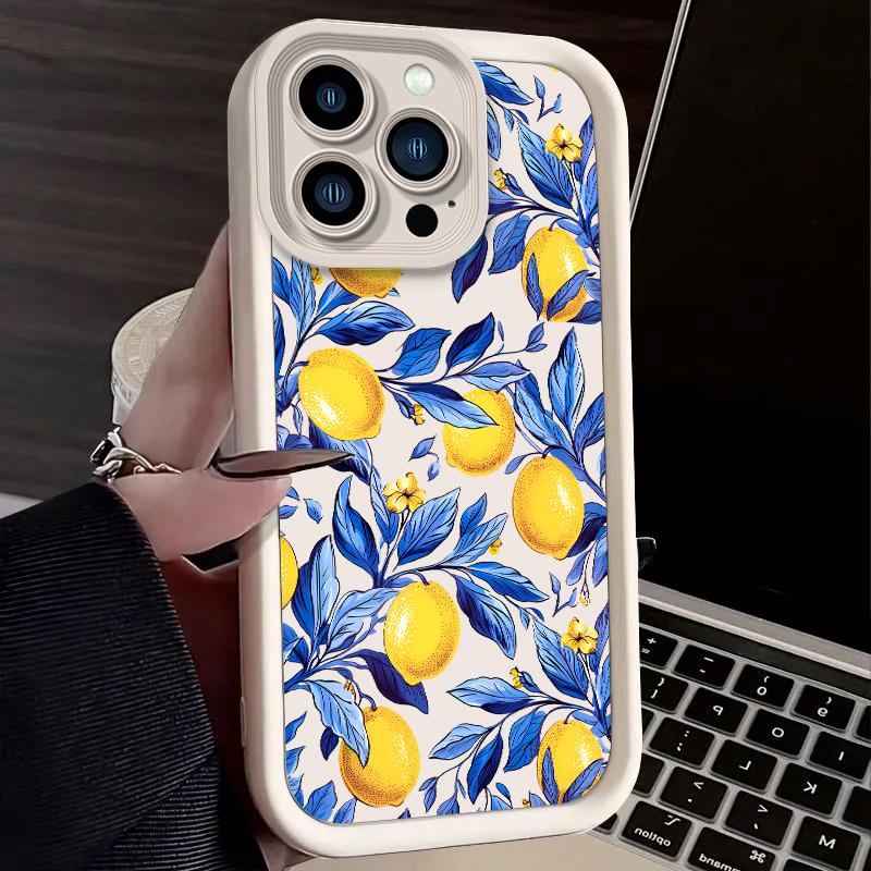 Watercolor Refreshing Lemon Blue Leaves Case for iPhone 17 Air 16 E 15 14 Plus 13 12 Mini 11 Pro Max Silicone Dustproof Cover