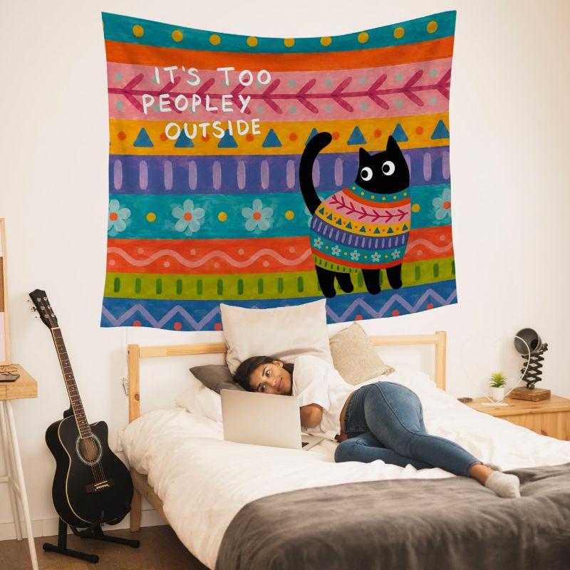 Cute Cartoon Black Cat Tapestry, Bohemian Geometric Wall Hanging, Colorful Cat Wall Decor for Bedroom Dorm
