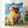 Ein Golden Retriever in einem lebendigen Blumenfeld unter einem strahlend blauen Himmel. Decke für alle Jahreszeiten Mittagspause Überwurf Geschenk