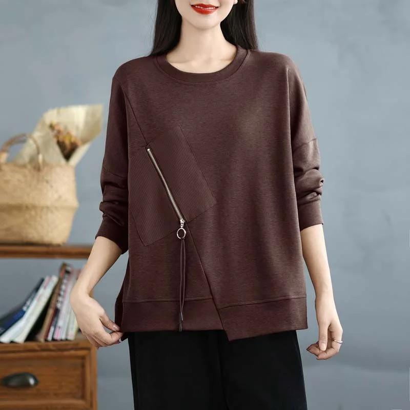Autumn and Winter Loose Long-sleeved T-shirt Base Shirt Design Sense of Niche Irregular Round Neck Sweatshirt for Women