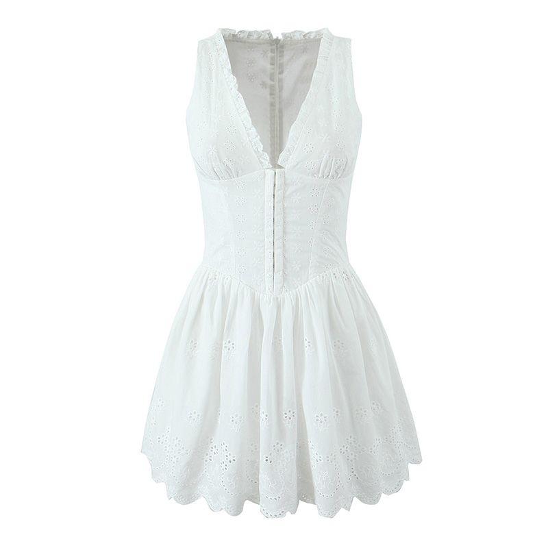 

Chunwei Poetry Collection French Style Dress Deep White V-Collar Vest Dress Fancy Waist-Tight Slim Looking Lace Skirt White V Neck L