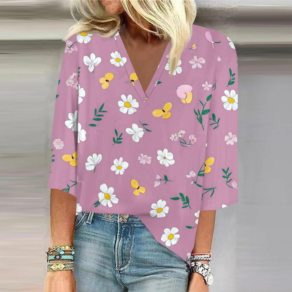 Women's Shirt Blouse Casual Loose Shirts 3/4 Sleeve Print V Neck Tops Print Tops T-shirts Tee