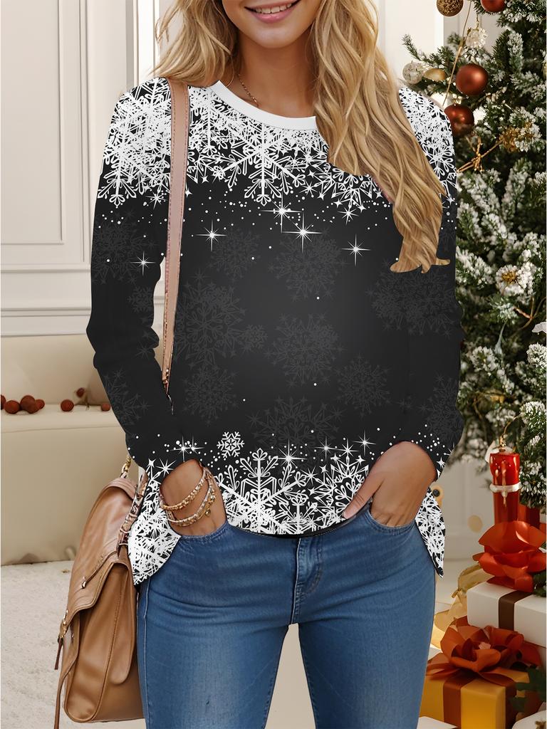 Oberteile für Damen 3D Weihnachts-Druck Rundhals Langarm-T-Shirt Herbst Lässig Slim Pullover Damen Langarm-Oberteil