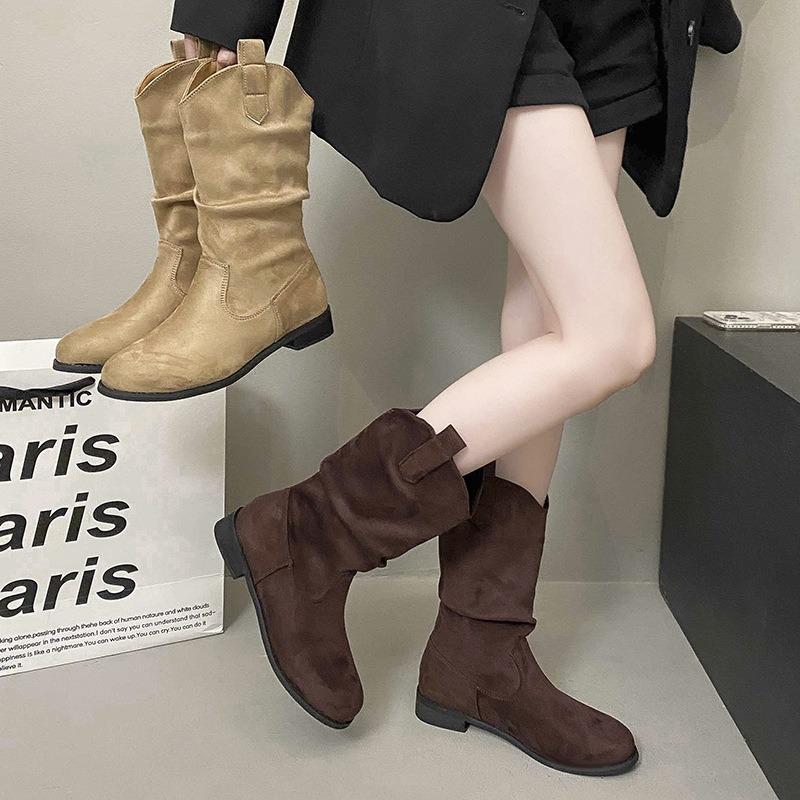 Brown Martin Boots Women's New Autumn Maillard Wasteland Western Boots Medium Tube Knight Pile Short Boots