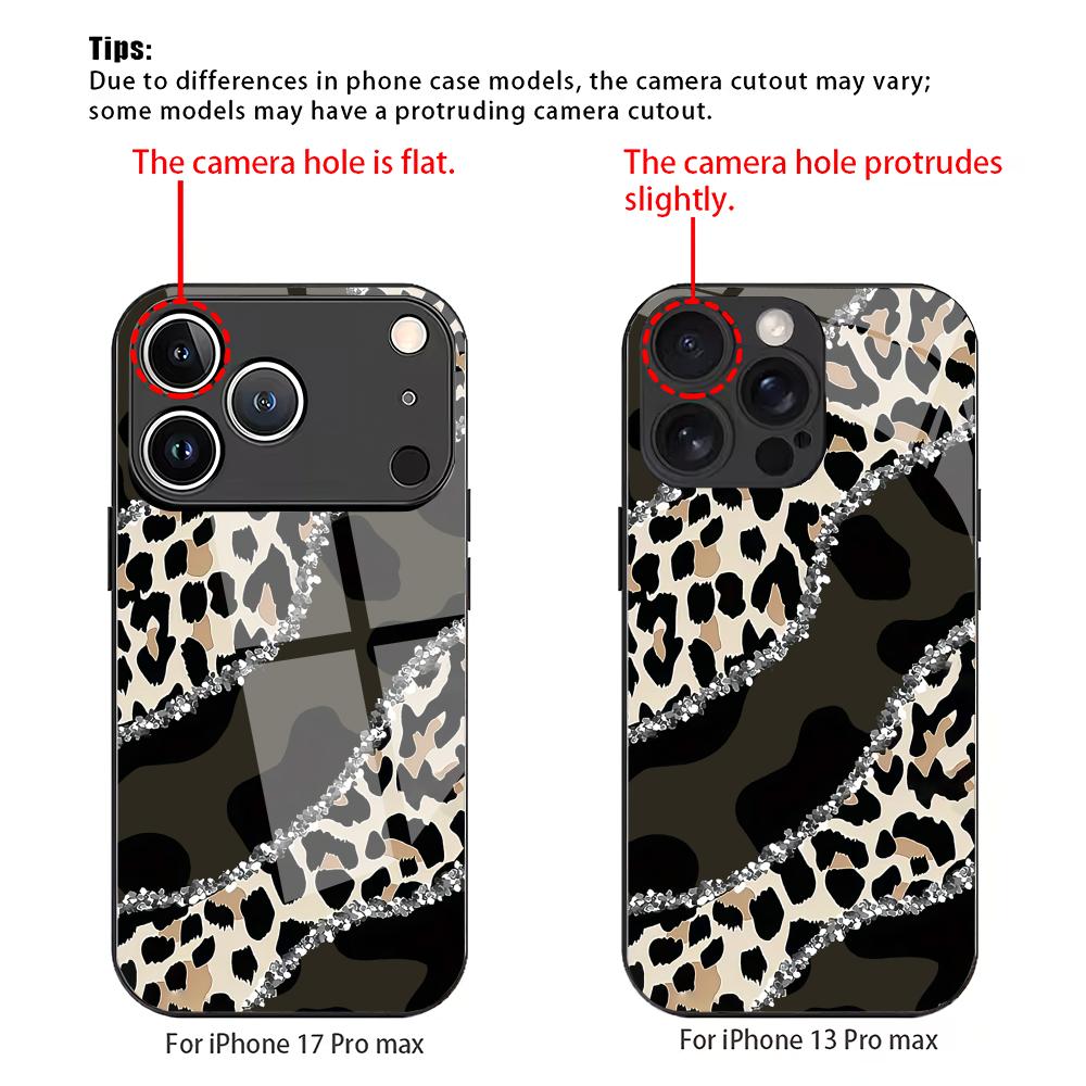 Leopard Print Splicing Pattern Tempered Glass Phone Case Suitable for iPhone 17 16 15 14 13 12 11 Pro/Max/Plus Anti Drop