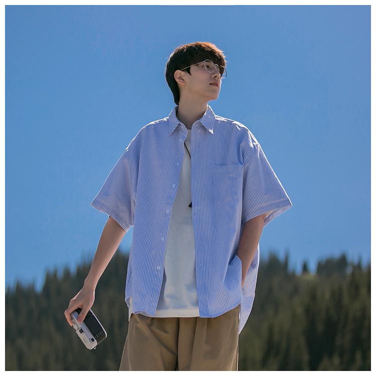 Men's Japanese Striped Short-Sleeve Lapel Shirt - Summer Cityboy Casual Versatile Trendy Brand Jacket