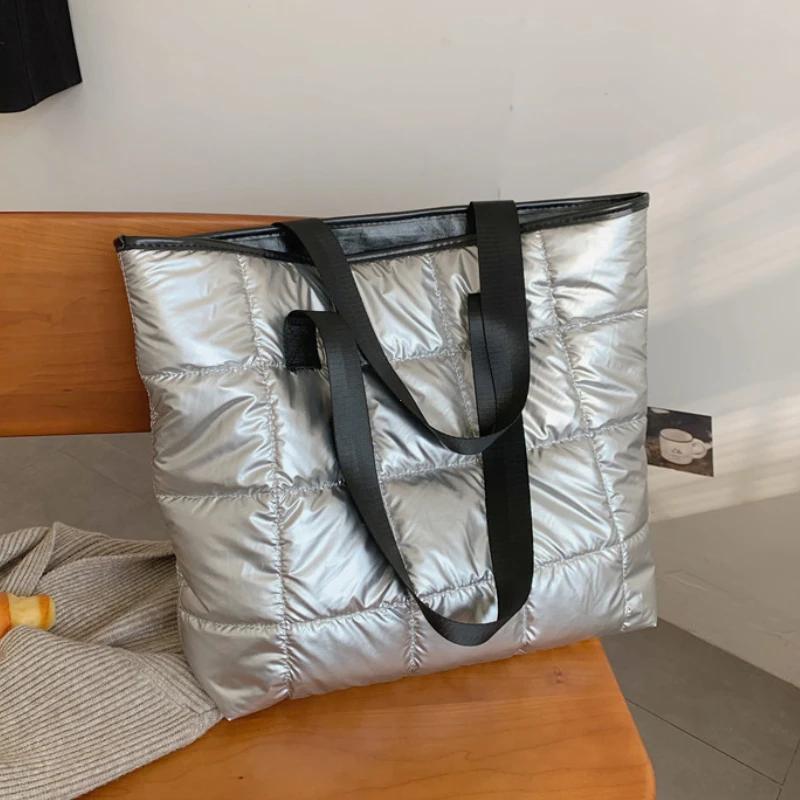 

Fashion Large Tote Padded Handbags Autumn Quilted Women Shoulder Bags Luxury PU Down Cotton Thread Crossbody Bag Winter Bag