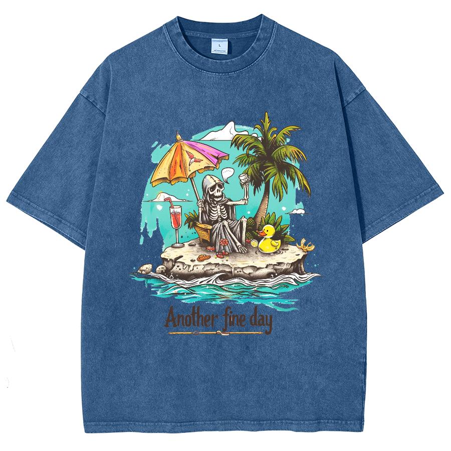 Beach Coconut Tree Skull Print Washed Denim Cotton T-Shirt Women's Black Short Sleeve Loose Oversized Travel Home