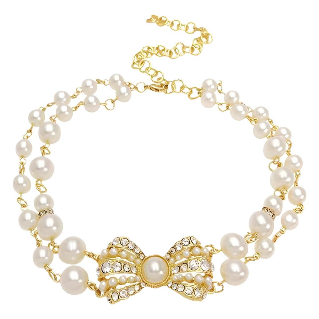 2024 Bow Knot Pearl & Rhinestone Double Layer Tassel Choker Necklace for Women