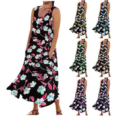 Lässiges, bequemes, ärmelloses Baumwolltaschenkleid mit Blumendruck für Damen