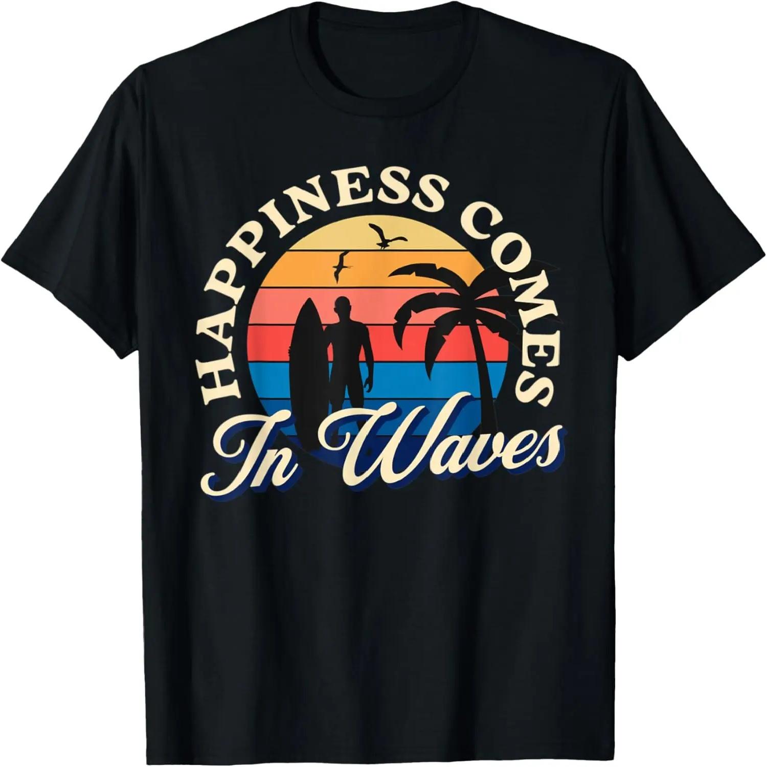Happiness Comes In Waves Retro Sunset Surfer T-Shirt S