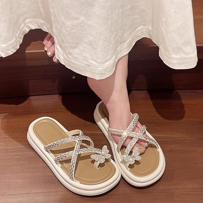 Premium Sandals Women's New Summer Fashion Rhinestone Butterfly Toe Thick-soled Cool Slippers