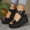 Women's Denim Single Strap Sandals, Platform Buckle Detail Slides, Fashion Beach Slippers with Height Increasing Sole