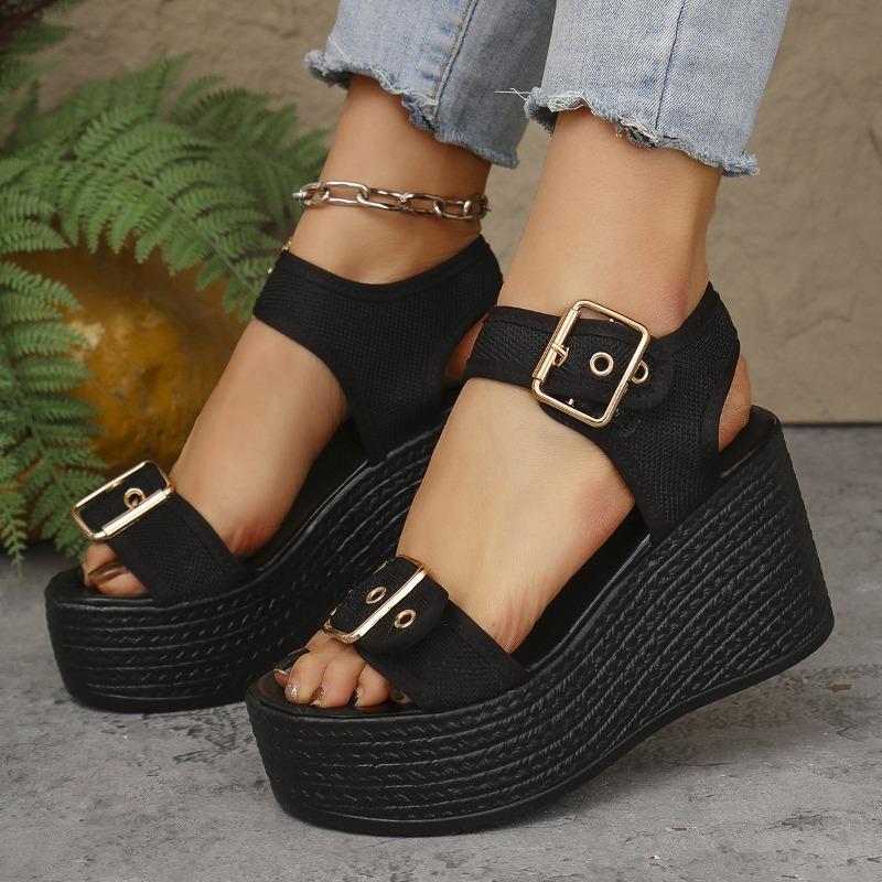 Women's Denim Single Strap Sandals, Platform Buckle Detail Slides, Fashion Beach Slippers with Height Increasing Sole