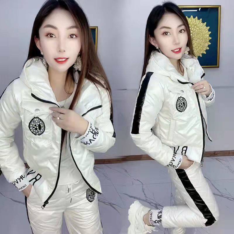 Dames Høst Vinter Pluss Størrelse 4XL Vattert Løs Blank Jakke + Varme Bukser Casual Varmt 2-delt Sett