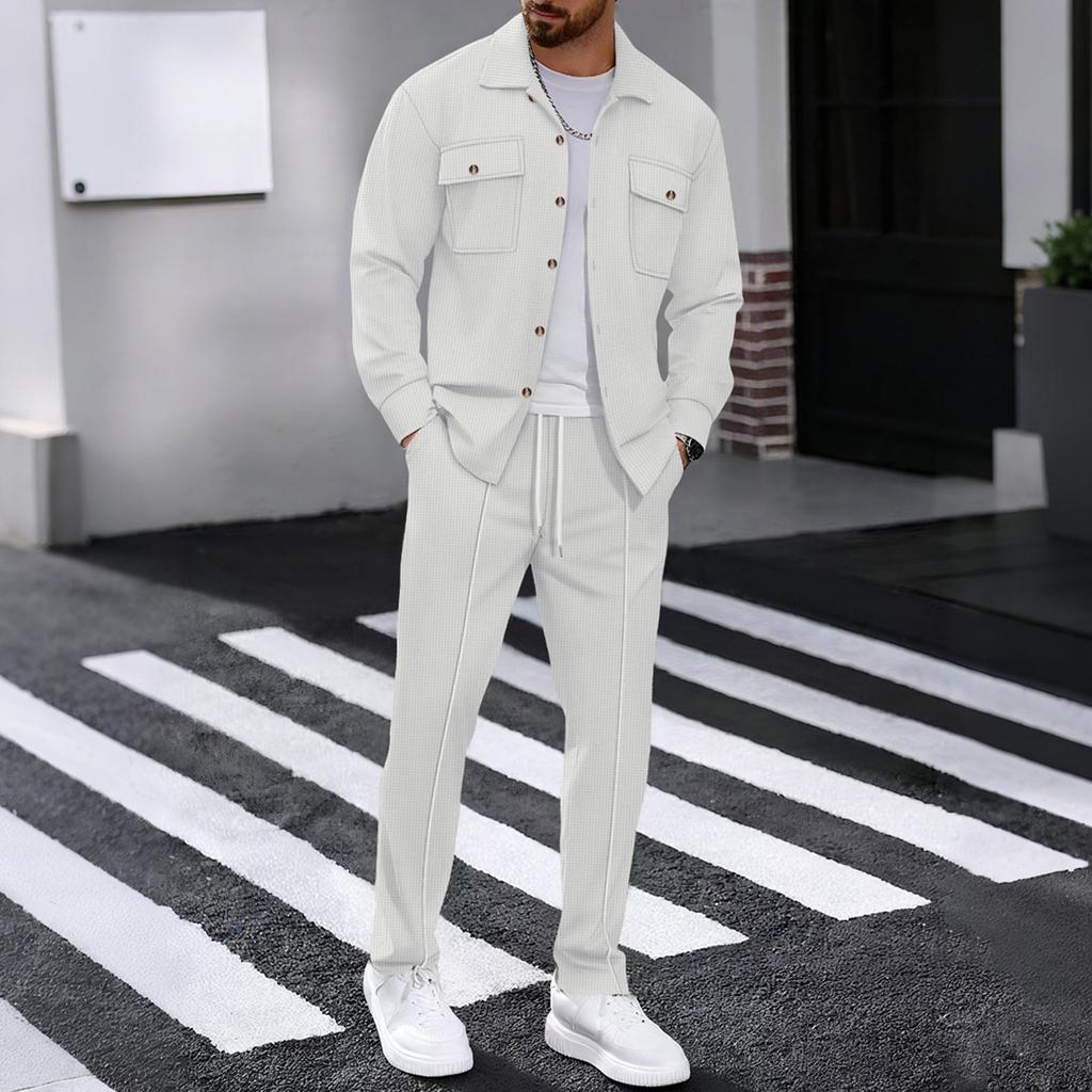 Men's Casual Long Sleeve Pants Two Piece Set Solid Color Double Pocket Workwear Cardigan Shirt Set