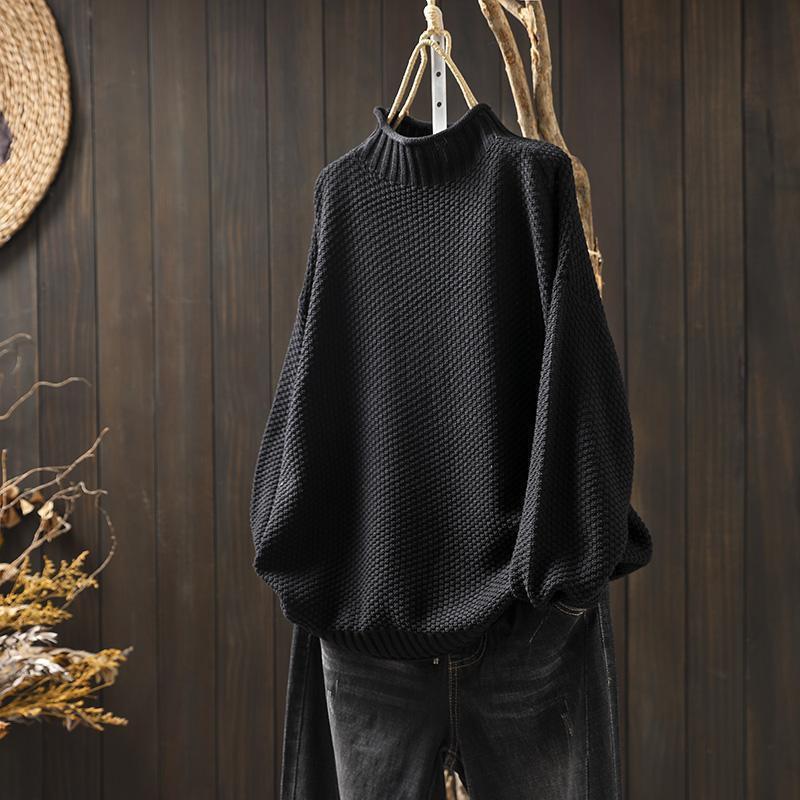 Damski Oversize Luźny Sweter z Dzianiny z Golfem Zimowy Casualowy Pulower z Haftem 3D