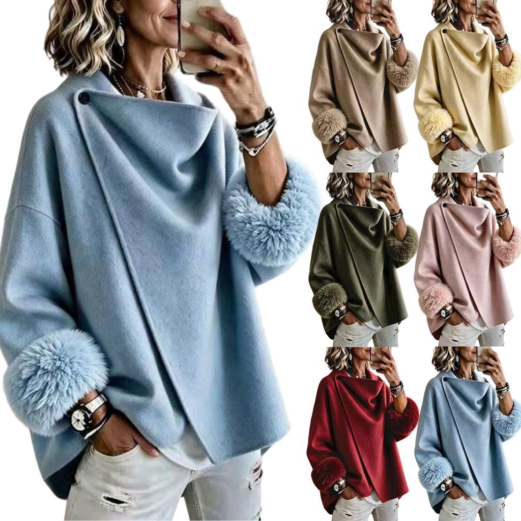 Women's Short Loose Fit Double-Faced Wool Coat with -Trim Cuffs, Color, European