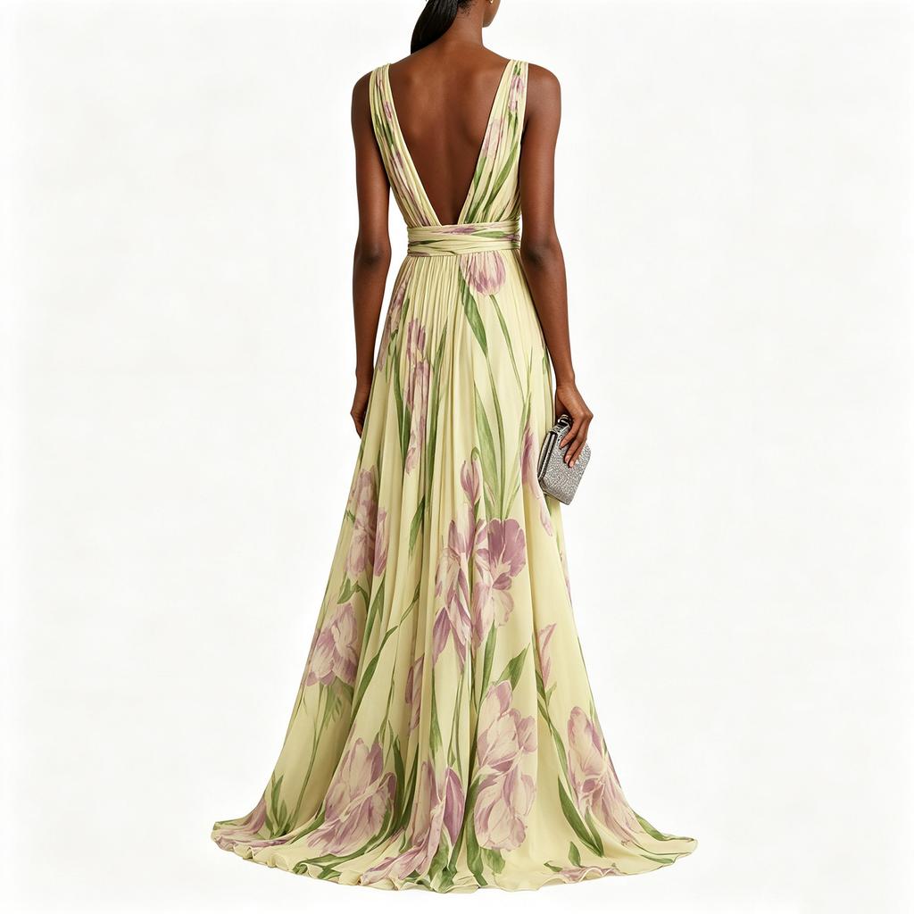 Women's Elegant Floral Print Sleeveless V-Neck Maxi Evening Dress for Formal Events