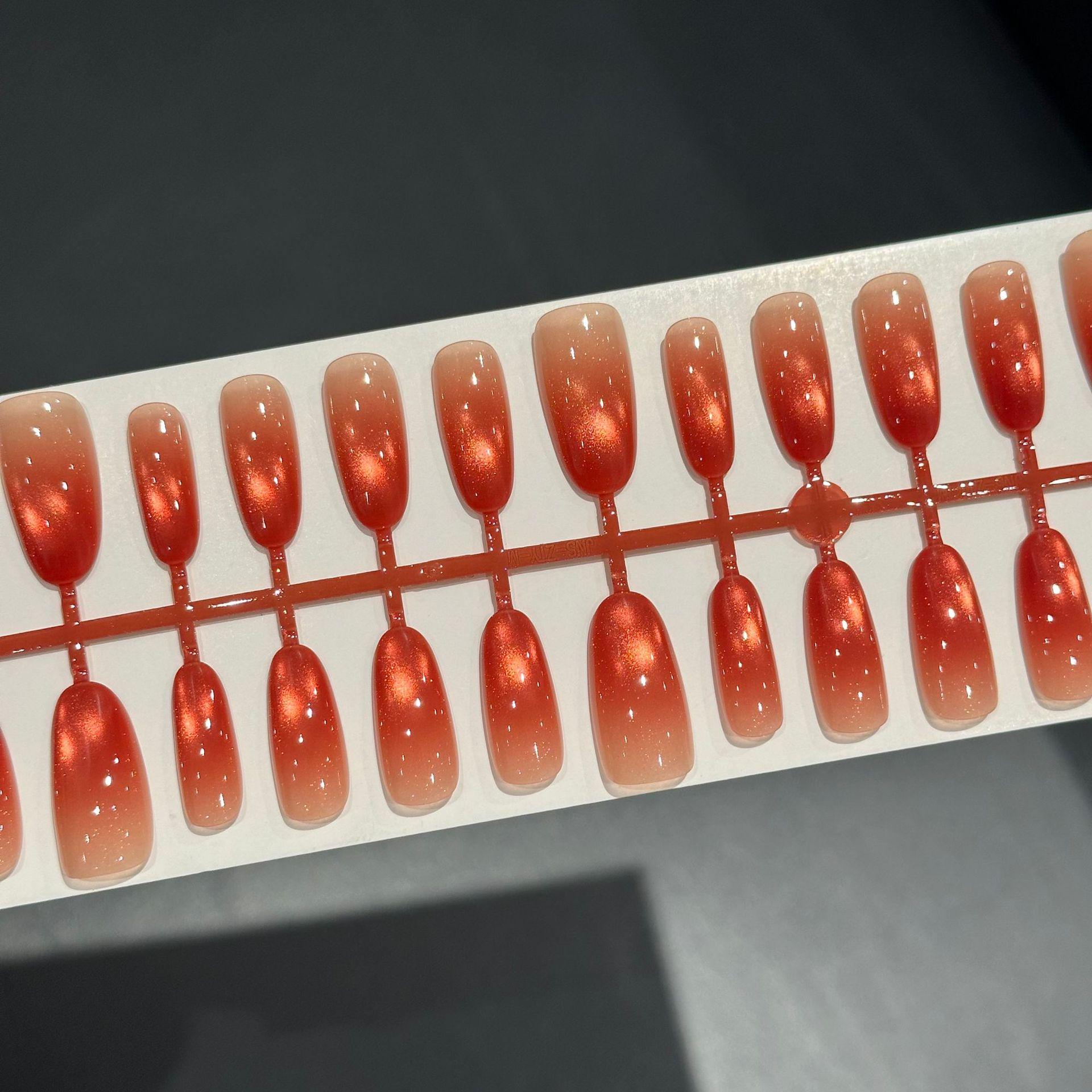 Red Gradient Cat Eye Wearable Nail Tips with Glass Beads - High-End Whitening Finish, Pre-made, 30 Pieces
