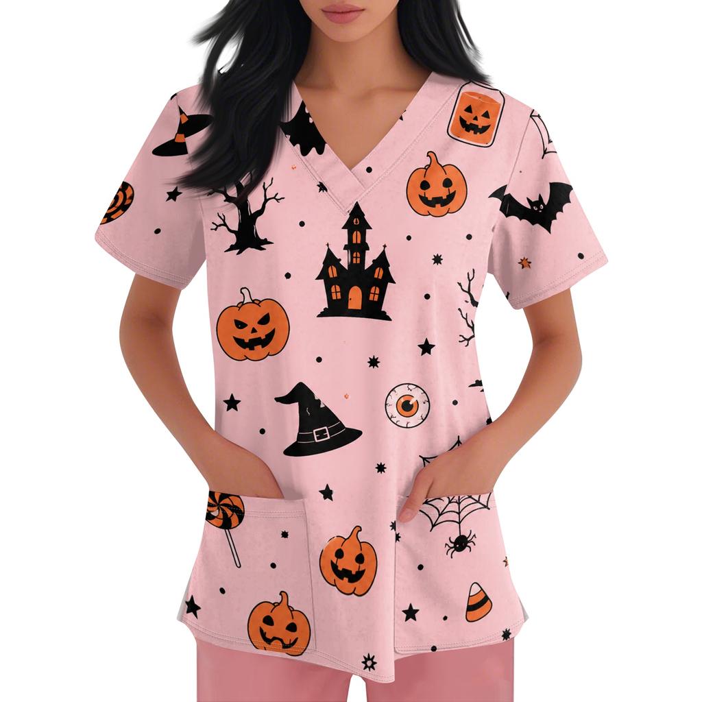 Women Short Sleeve Halloween Print V Neck Pocket Medical Scrub Top Nurse Uniform Shirt Comfortable Fit Durable Fabric
