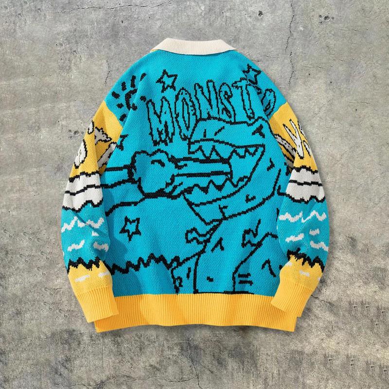 Amerikanischer Dinosaurier Strickpullover für Teenager Jungen Lockerer Rundhals Pullover Warmes Freizeit Oberteil Herbst Winter