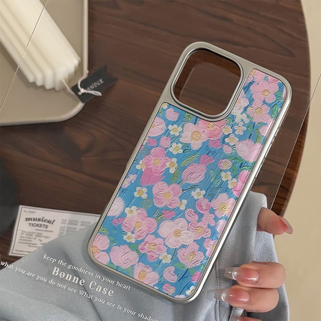 Oil Painting Blue Pink Flower Suitable for Apple 15 Promax Mobile Phone Case Iphone 16 Drop Glue 13 Electroplating 14 Beautiful Huawei