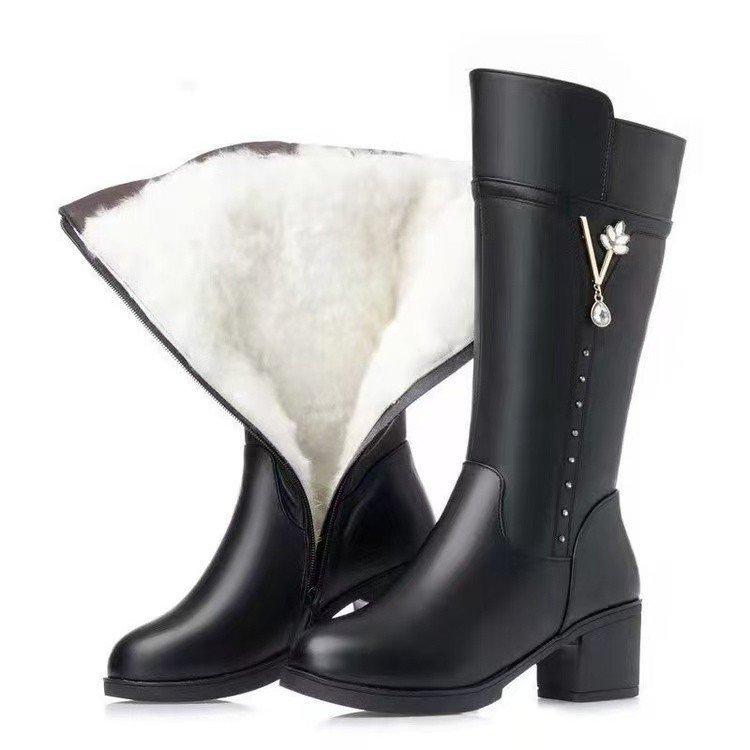 Womens Ankle Boots High Quality Leather Casual Boot Fashion High Heeled Ankle Boots for Women Plush Warm Winter Boot